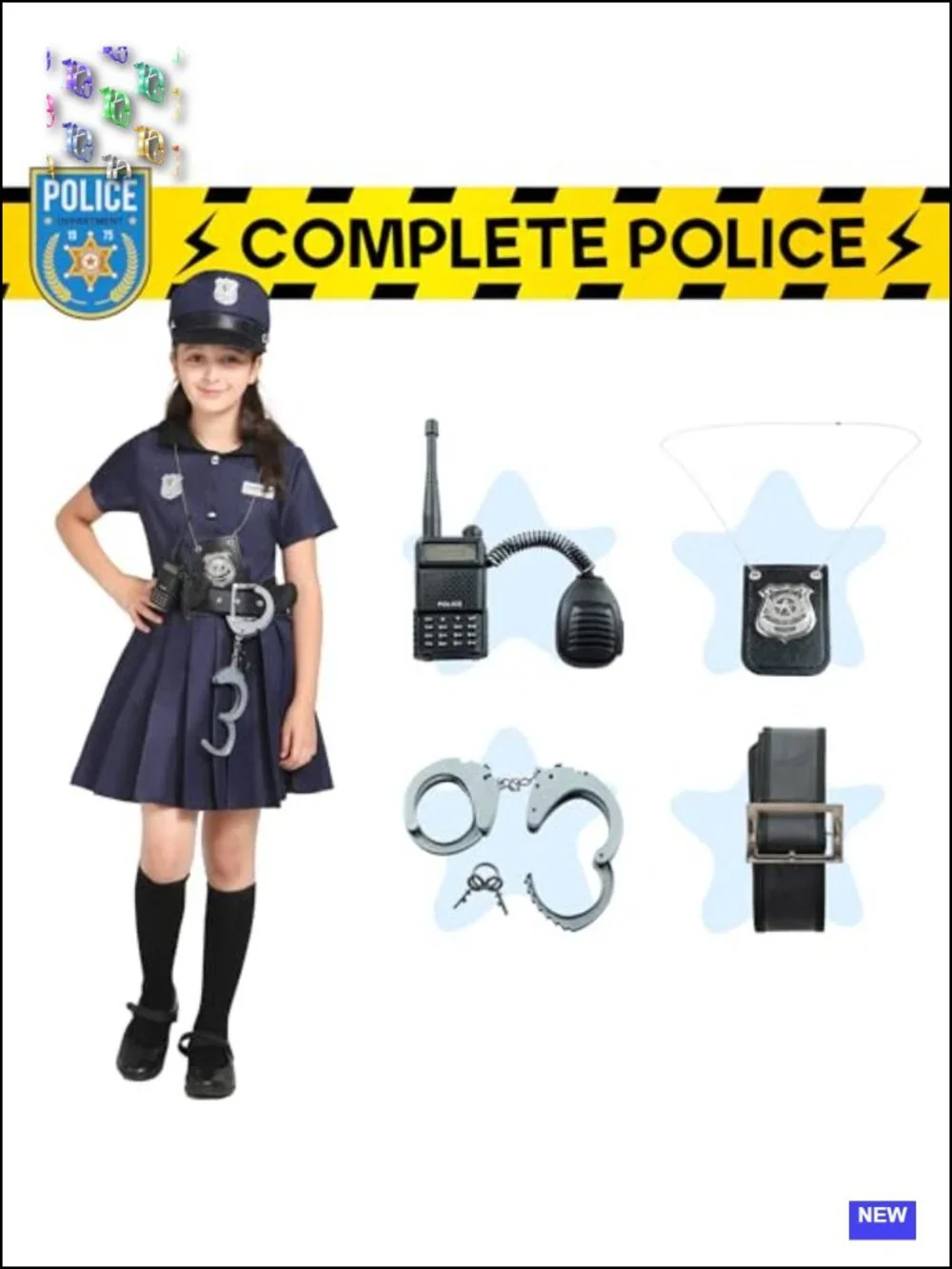 Kids Police Officer Costume Set 6pc Dress Up Role Play Hat Badge Handcuffs